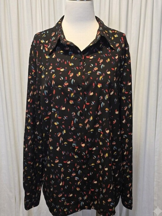 CAbi Tops - Cabi Ferris Blouse features a colorful "Confetti Party" abstract print on a blac